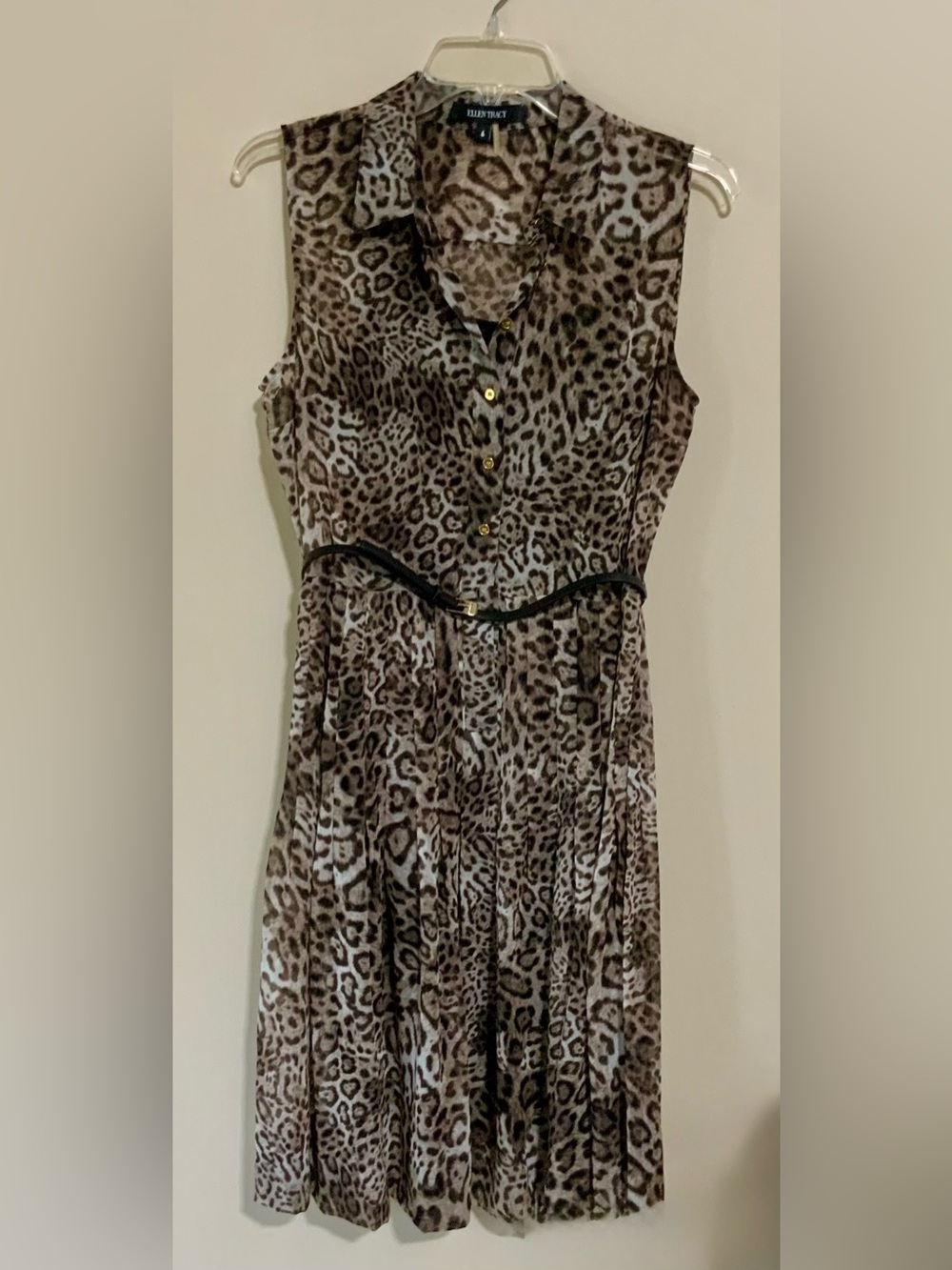 Ellen Tracy Women’s Lined Leopard Print Sleeveless Dress with Black Belt